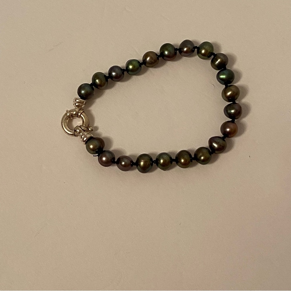 BRACELET BEADS GRAY PEACOCK FRESHWATER PEARLS STERLING SILVER 925 CLASP 7.5” - Picture 4 of 9
